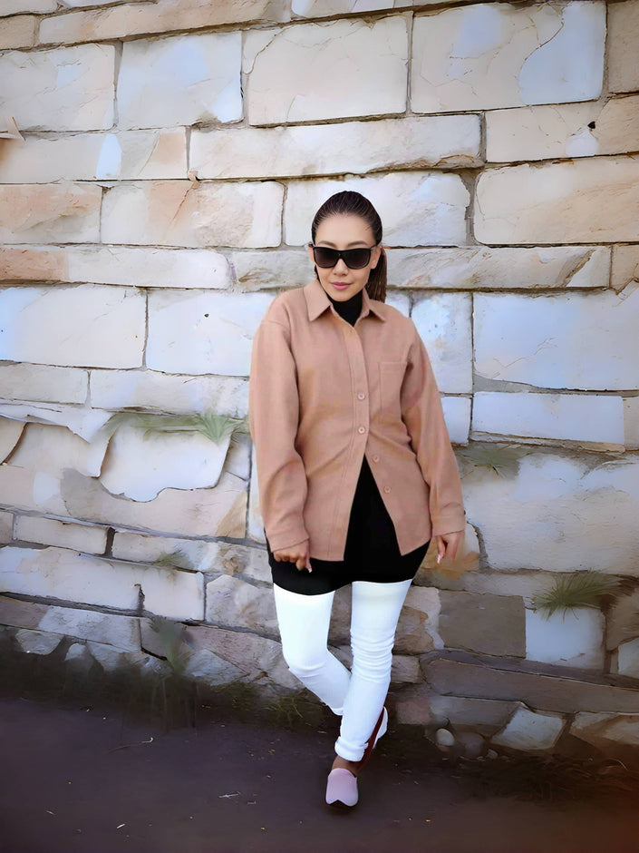 Dark-salmon loose fit long-sleeve button shirt with collar
