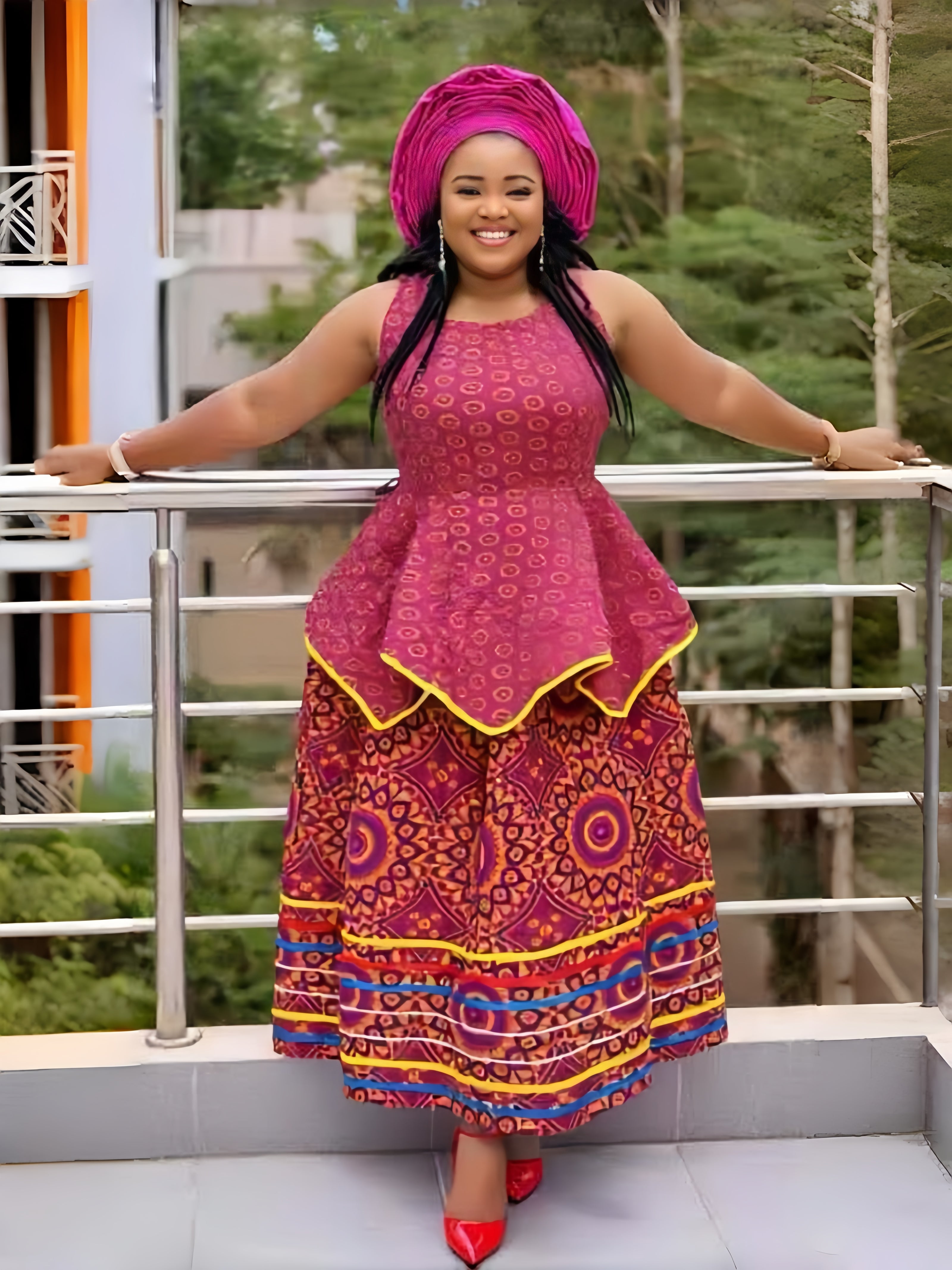 Ethnic Style Geometric Pattern High-Waist Flared Maxi Dress for Women