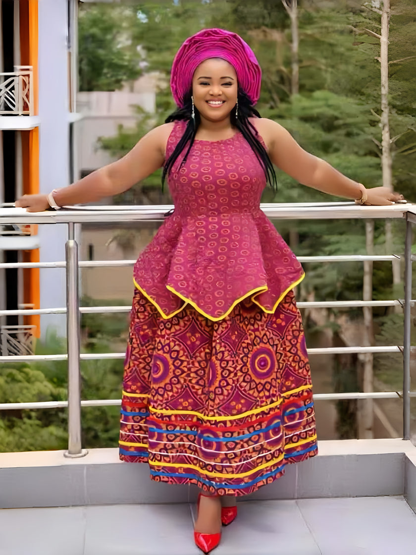 Ethnic Style Geometric Pattern High-Waist Flared Maxi Dress for Women