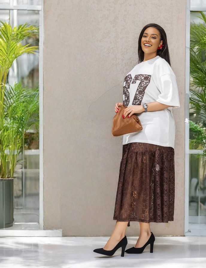 Twin set: white sequin number T‑shirt with dark lace midi skirt