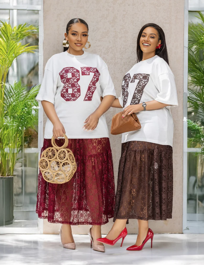 Twin set: white sequin 87 tee with maroon lace midi skirt