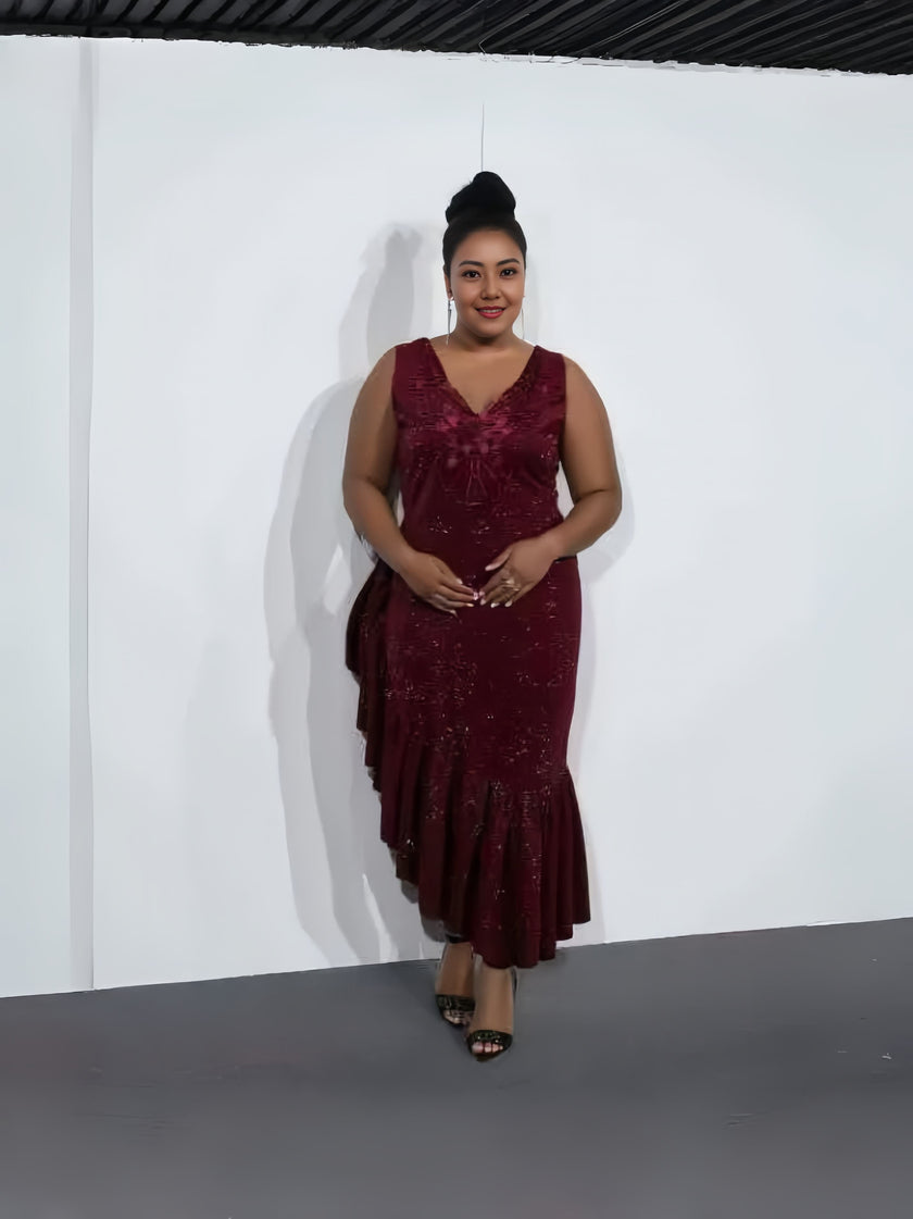Asymmetrical ruffle midi evening dress, sleeveless V-neck, maroon, layered side hem.