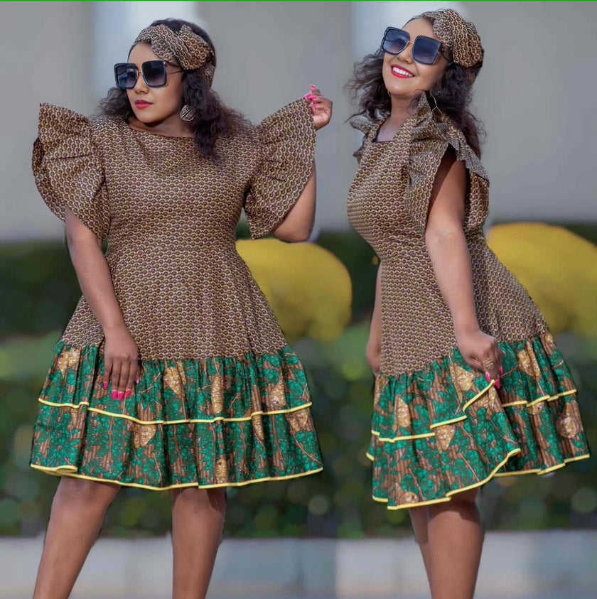 Geometric Bodice Flare Dress with Traditional Motif Skirt