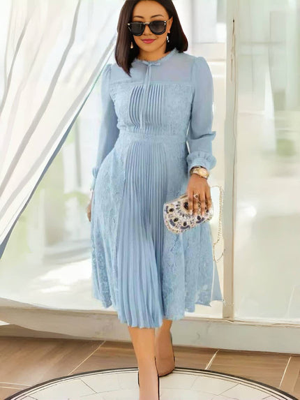 Romantic Lace Bow-Tie Midi Dress with Pleated Front and Buttoned Long Sleeves
