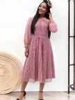 Romantic Lace Bow-Tie Midi Dress with Pleated Front and Buttoned Long Sleeves