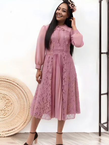 Romantic Lace Bow-Tie Midi Dress with Pleated Front and Buttoned Long Sleeves