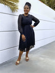 Black midi lace pleated dress with gathered waist and long sleeves