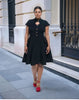 Elegant Vintage-Inspired Dress with Cutout Neckline, Button Detail, and Flared Hem