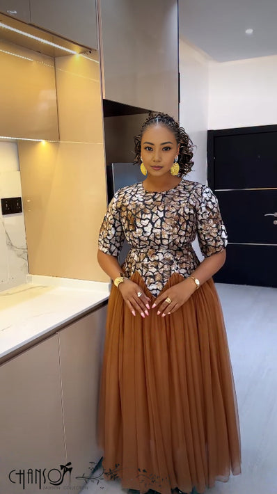 Printed Bodice Tulle Skirt Maxi Evening Dress