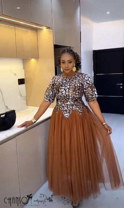 Maxi dress with printed bodice and tulle skirt, brown; puff sleeves