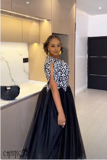 Maxi dress with printed bodice and tulle skirt, navy; side view