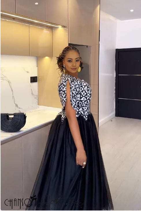Maxi dress with printed bodice and tulle skirt, navy; side view