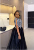 Maxi dress with printed bodice and tulle skirt, navy; side view