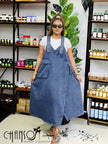 Blue denim maxi wrap dress with two chest pockets and side seam pockets, loose fit