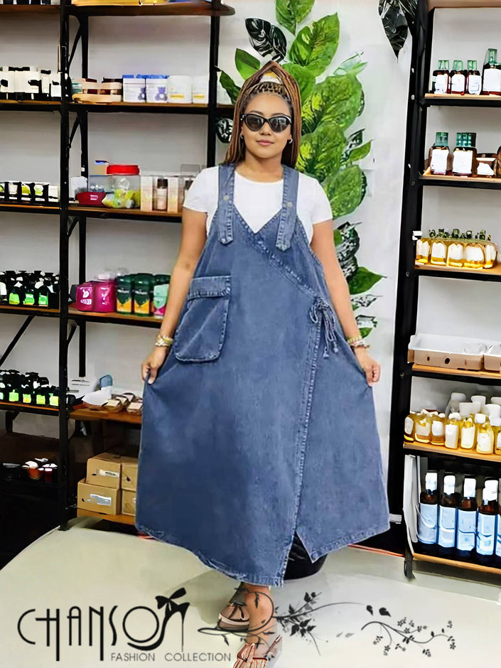 Blue denim maxi wrap dress with two chest pockets and side seam pockets, loose fit