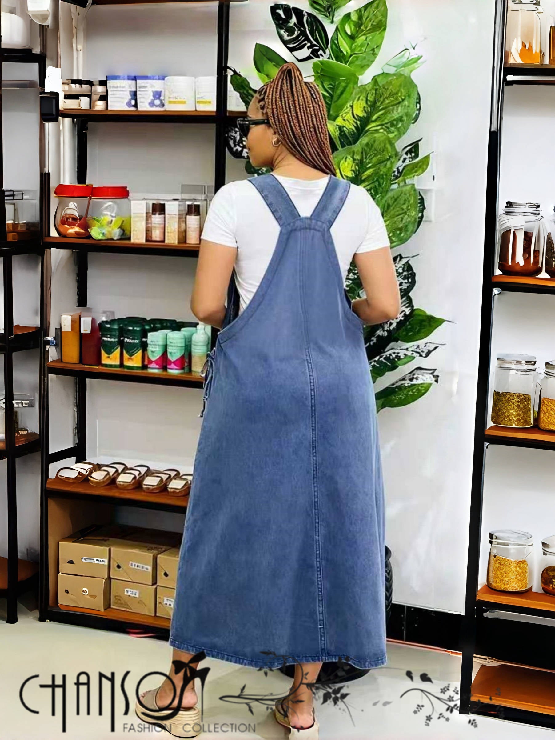 Blue denim maxi dress, open back with V straps and back patch pocket, ankle length