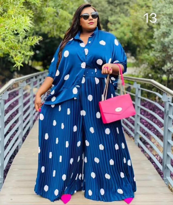 Polka Dot Collared Short Sleeve Wide-Leg Two Piece