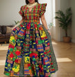 Maxi puff-sleeve dress with high neckline, multicolor geometric African print bodice and skirt