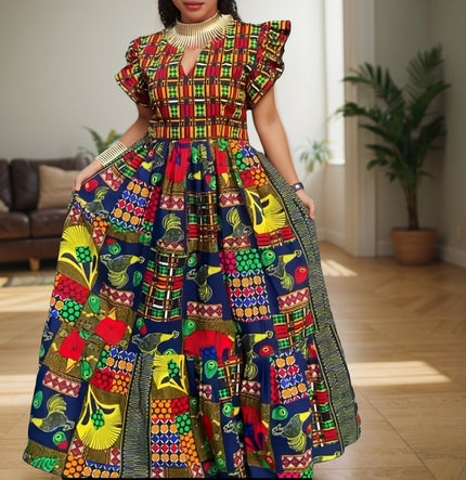 Maxi puff-sleeve dress with high neckline, multicolor geometric African print bodice and skirt