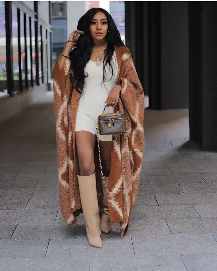 Oversized shawl coat in chocolate-brown fuzzy geometric knit, open front
