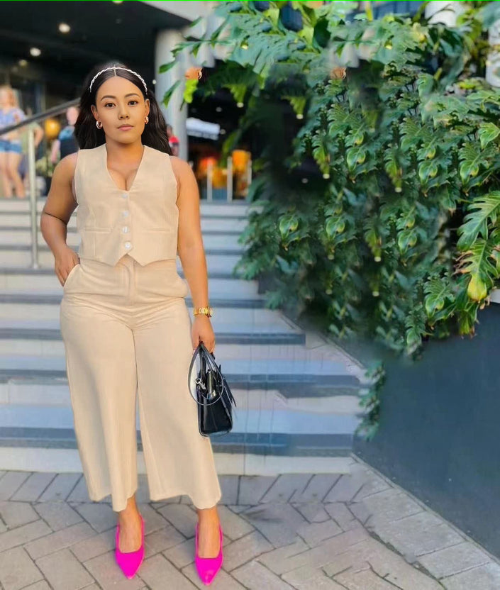 Sleeveless Top & High-Waist Wide-Leg Trousers Set