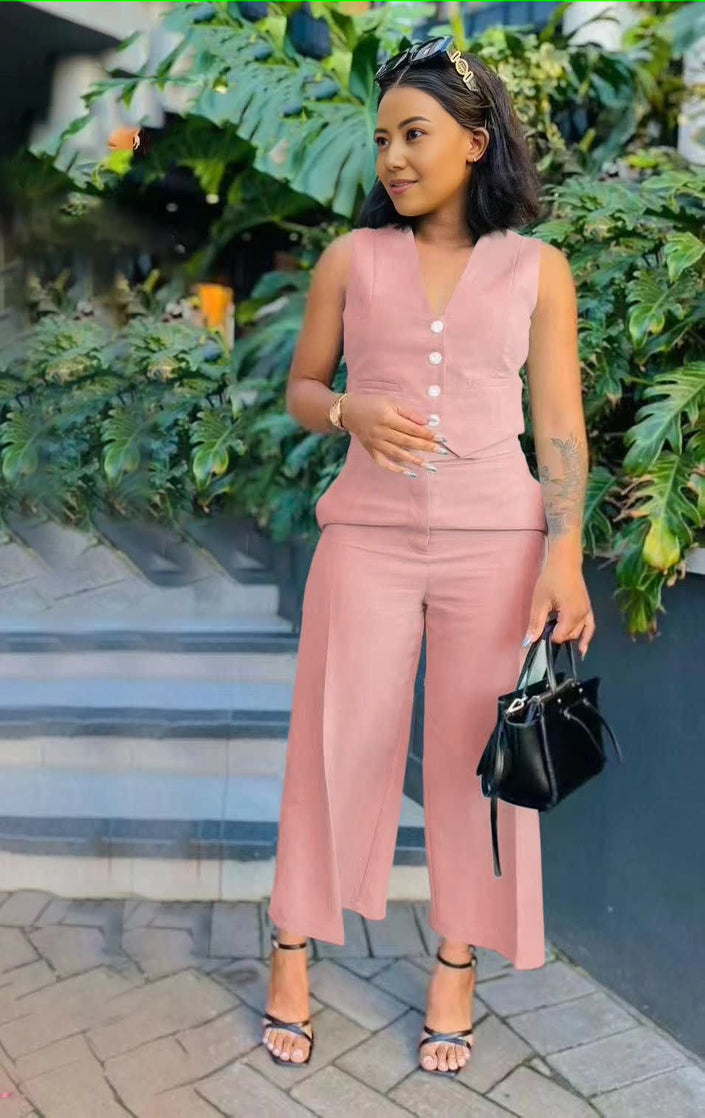 Sleeveless Top & High-Waist Wide-Leg Trousers Set