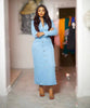 Light blue maxi V-neck button-front dress with long sleeves