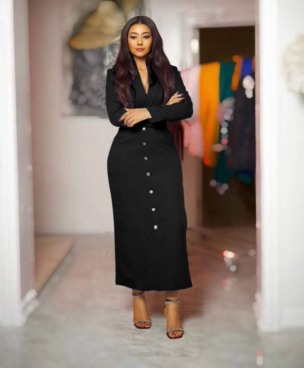 Long Sleeve V-Neck Button Suit Dress