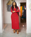 Long Sleeve V-Neck Button Suit Dress