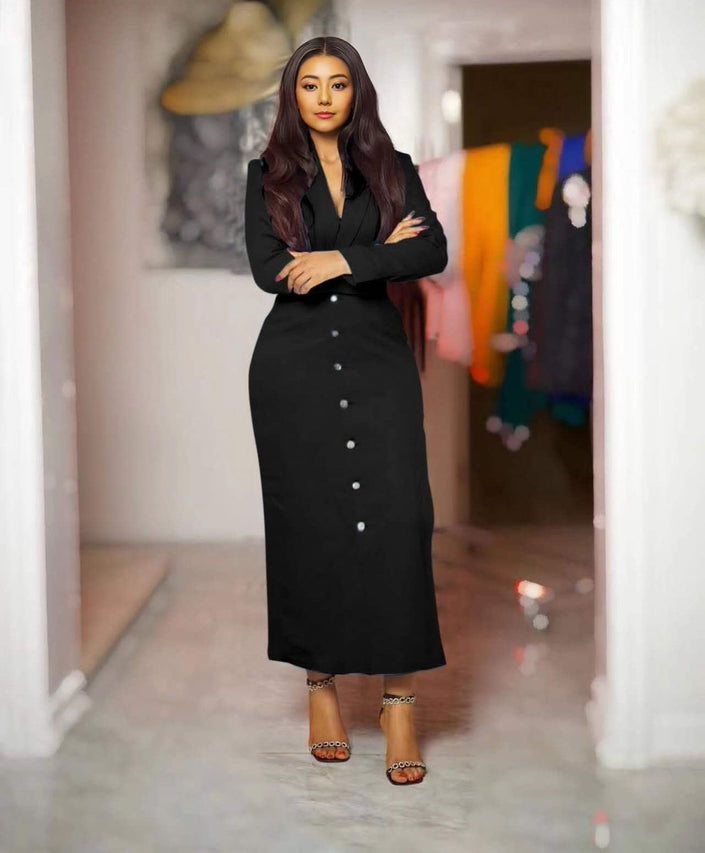 Black maxi V-neck button-front dress with long sleeves