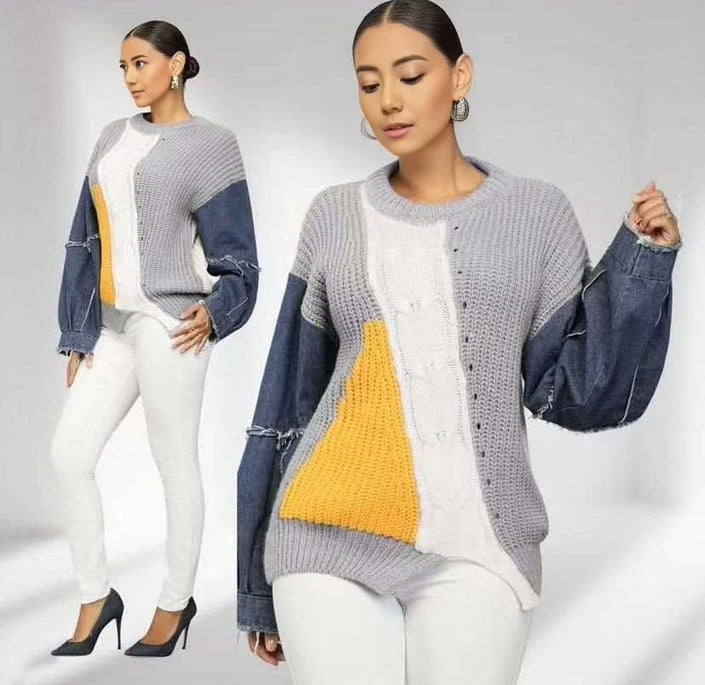 Denim-sleeve knit sweater with grey body, white front, and yellow accent panel
