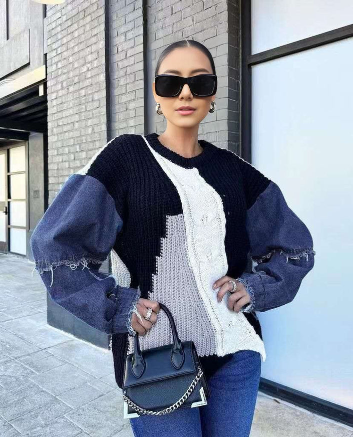 Denim-sleeve knit sweater with dark navy body and white buttoned front panel