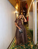 Coffee two-piece crop top and layered maxi skirt set with short sleeves