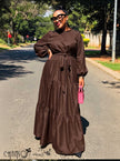 Maxi Dress Mock Neck Balloon Sleeve Tiered Belted Church Event Outfit