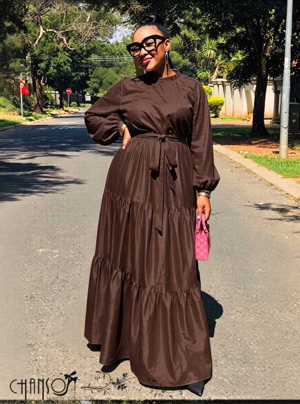 Maxi Dress Mock Neck Balloon Sleeve Tiered Belted Church Event Outfit