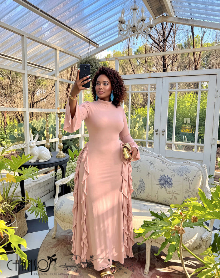 Peach maxi formal dress with high neck, long sleeves, side cascading ruffle hem