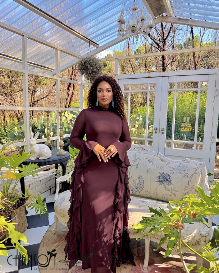 Burgundy maxi formal dress with high neck, long sleeves, side cascading ruffle hem