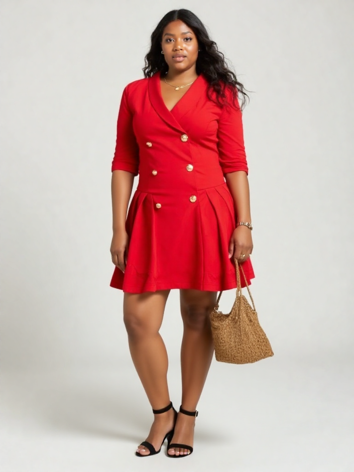 DoubleBreasted blazer mini dress in red, V-neck with gold double-breasted buttons