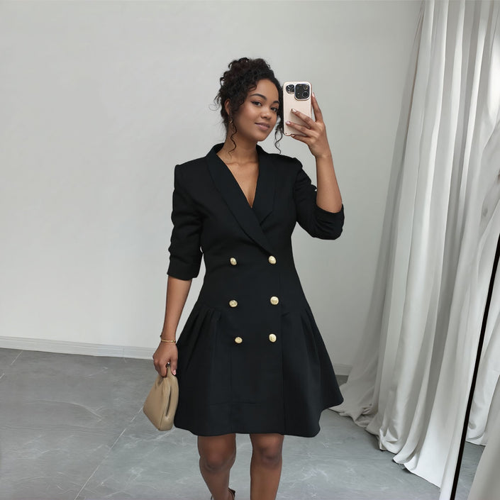 DoubleBreasted blazer mini dress in black, V-neck with gold double-breasted buttons