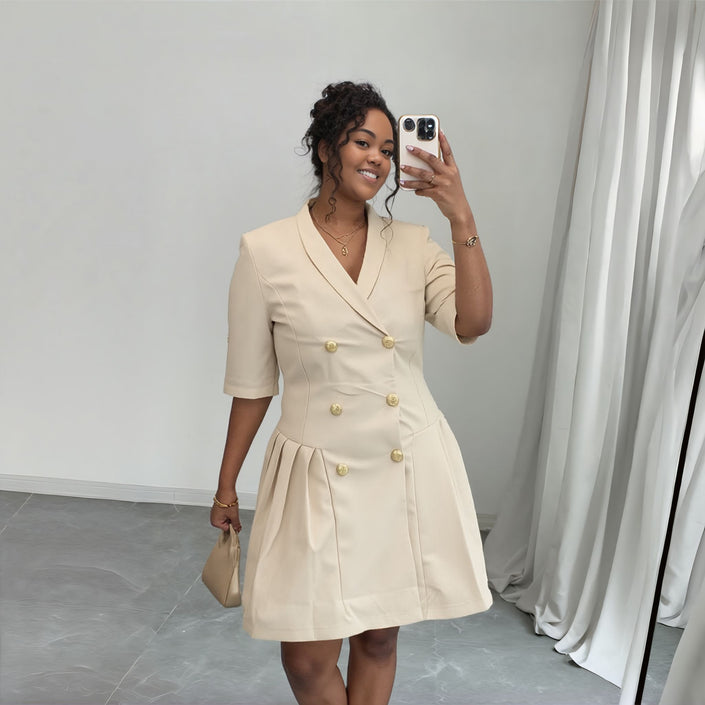 DoubleBreasted blazer mini dress in cream, V-neck with gold double-breasted buttons