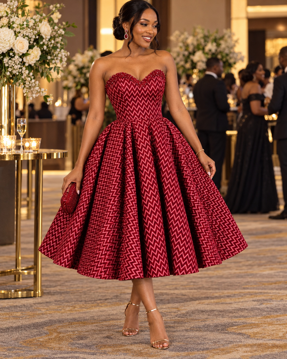 Strapless red chevron-beaded midi evening dress with a sweetheart neckline and full skirt