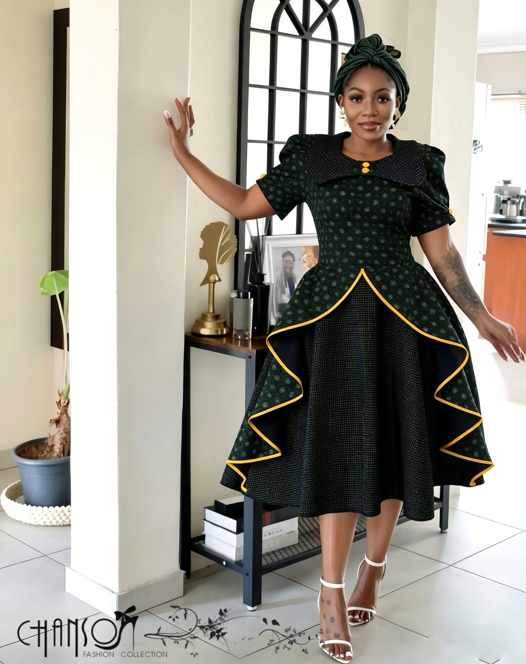 Heritage Layered Puff Sleeve Midi Dress