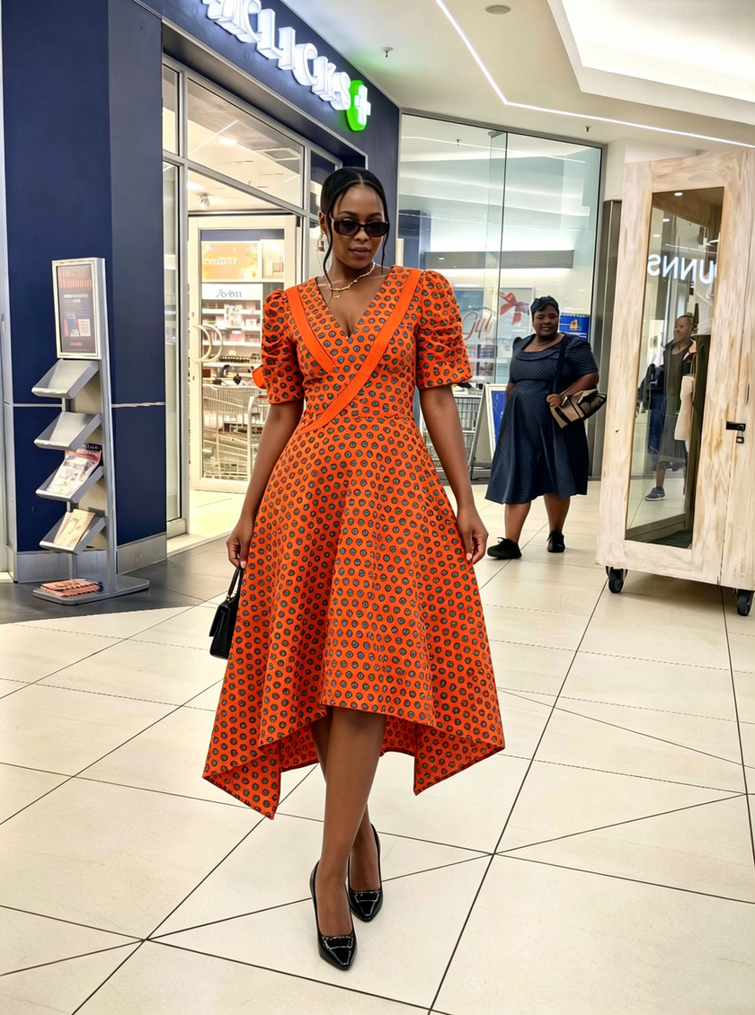 Orange circular print puff sleeve asymmetric hem women's traditional dress
