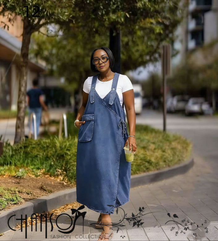 Blue denim maxi wrap dress with V yoke and front pockets, adjustable straps
