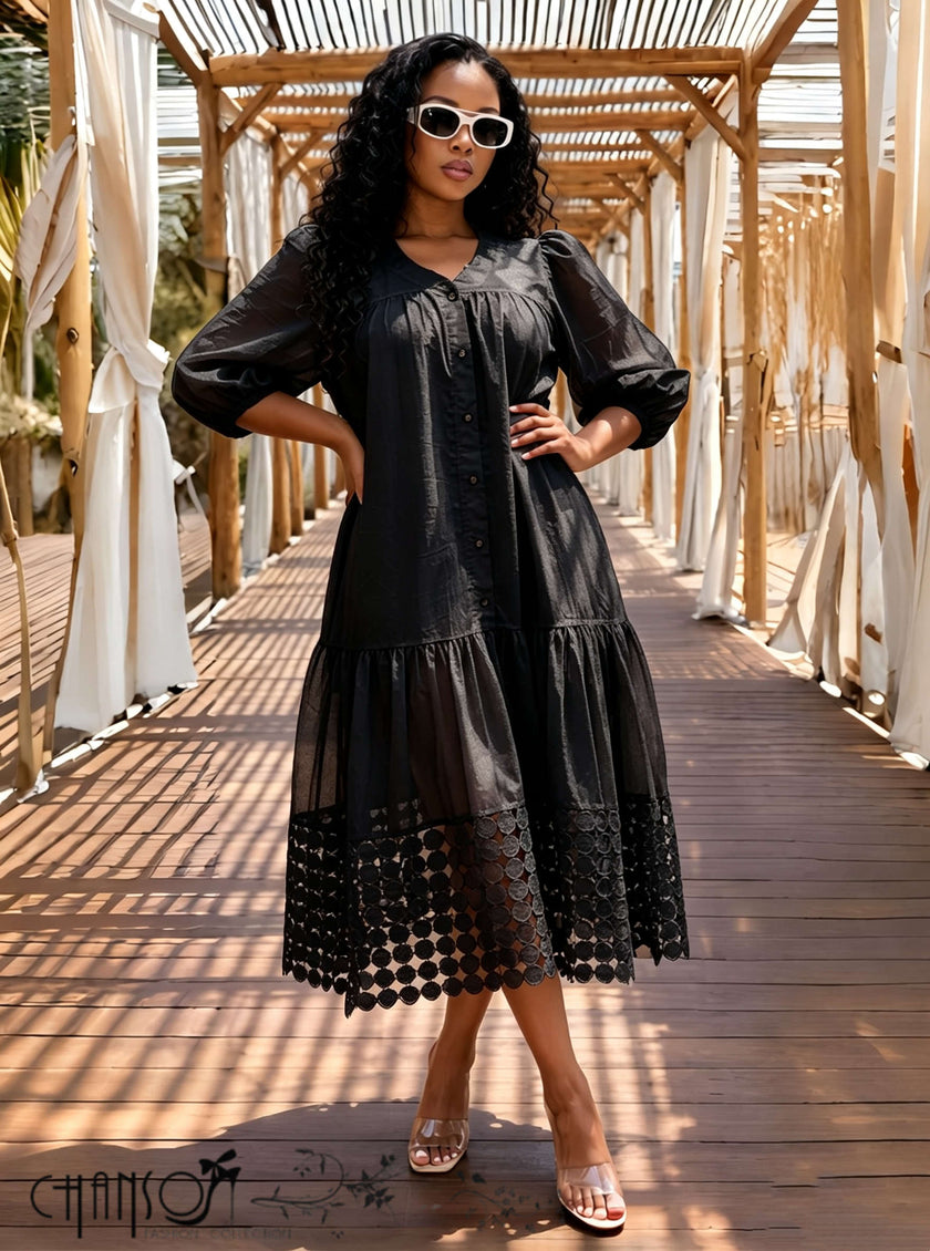 Midi Shirt Dress Puff Three Quarter Sleeve Cutout Lace Hem Vacation Brunch Outfit