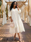 Midi Shirt Dress Puff Three Quarter Sleeve Cutout Lace Hem Vacation Brunch Outfit