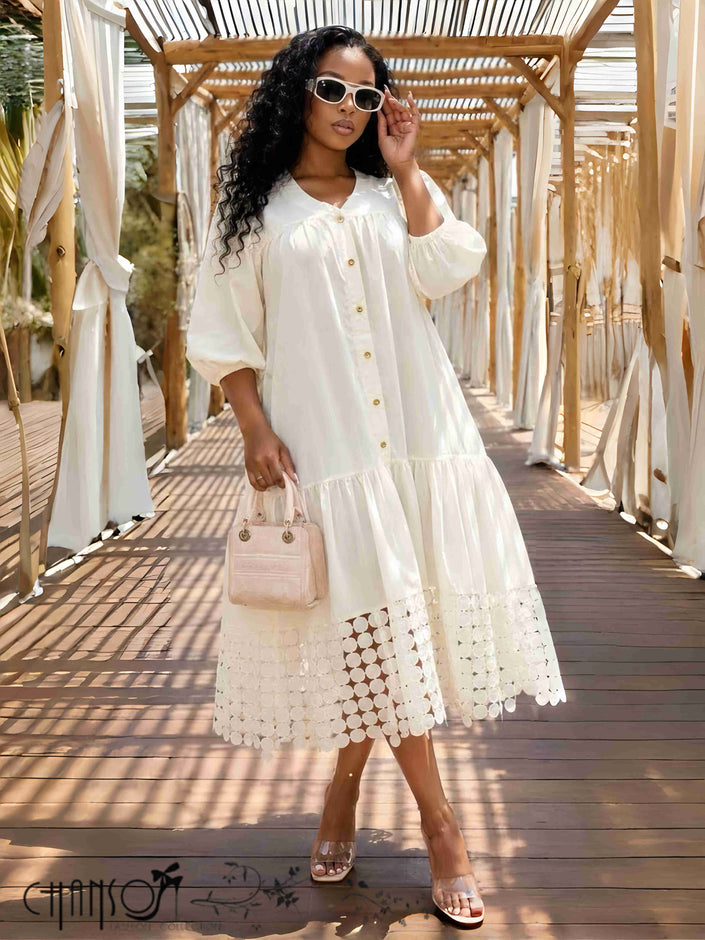 Cream midi shirt dress with puff three-quarter sleeves and lace cutout hem