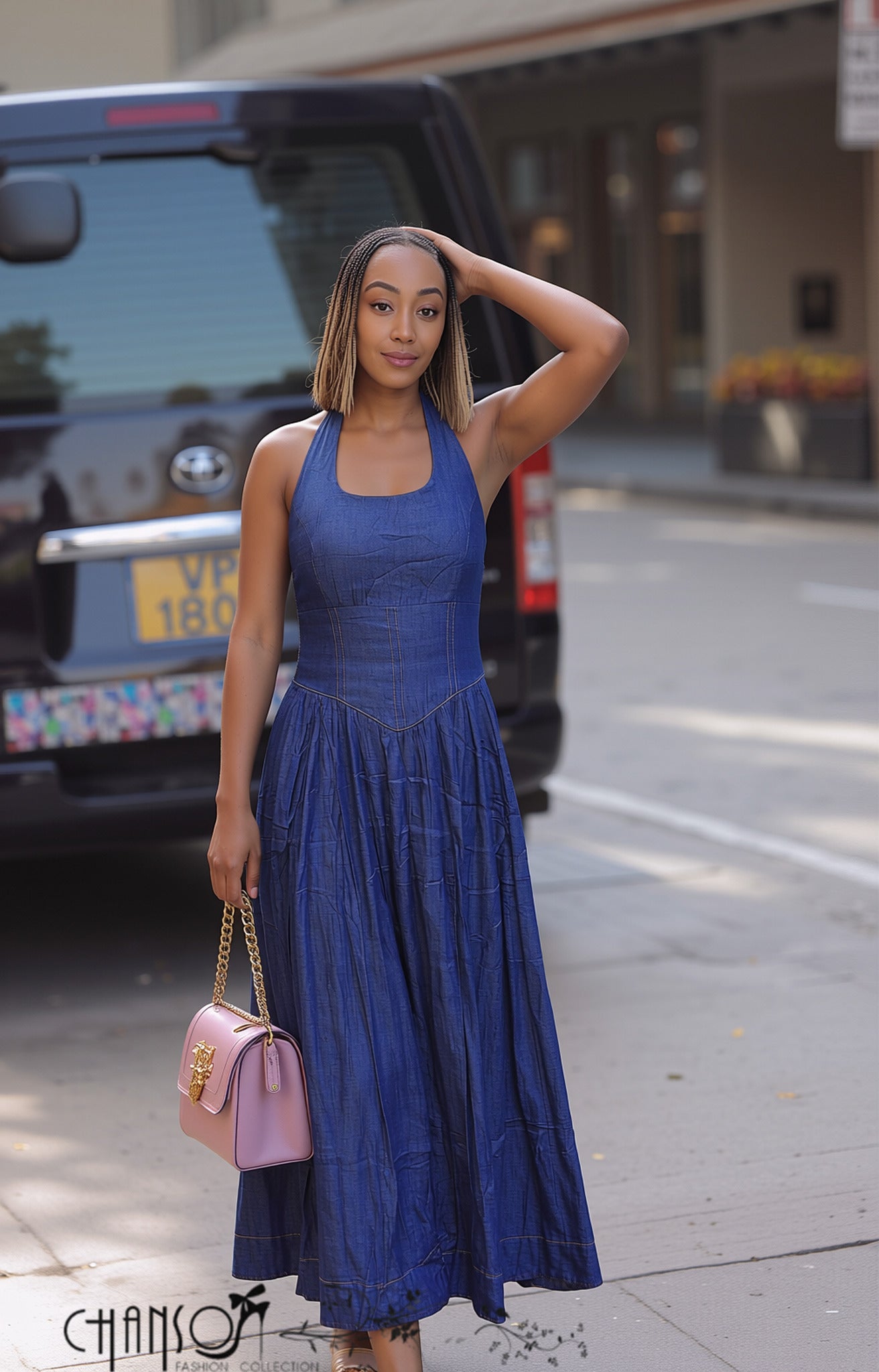 Women's blue textured halter neck midi dress - view 1