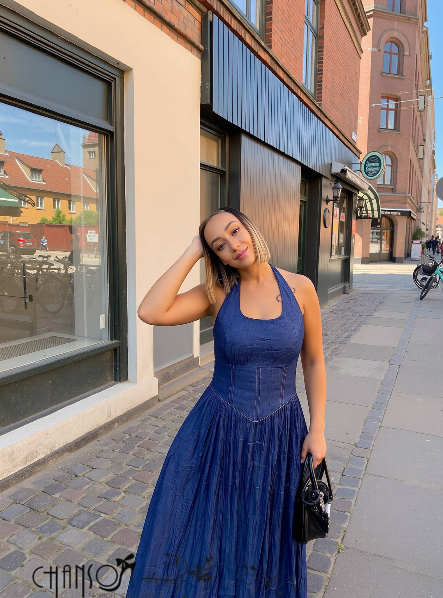 Women's blue textured halter neck midi dress - view 2