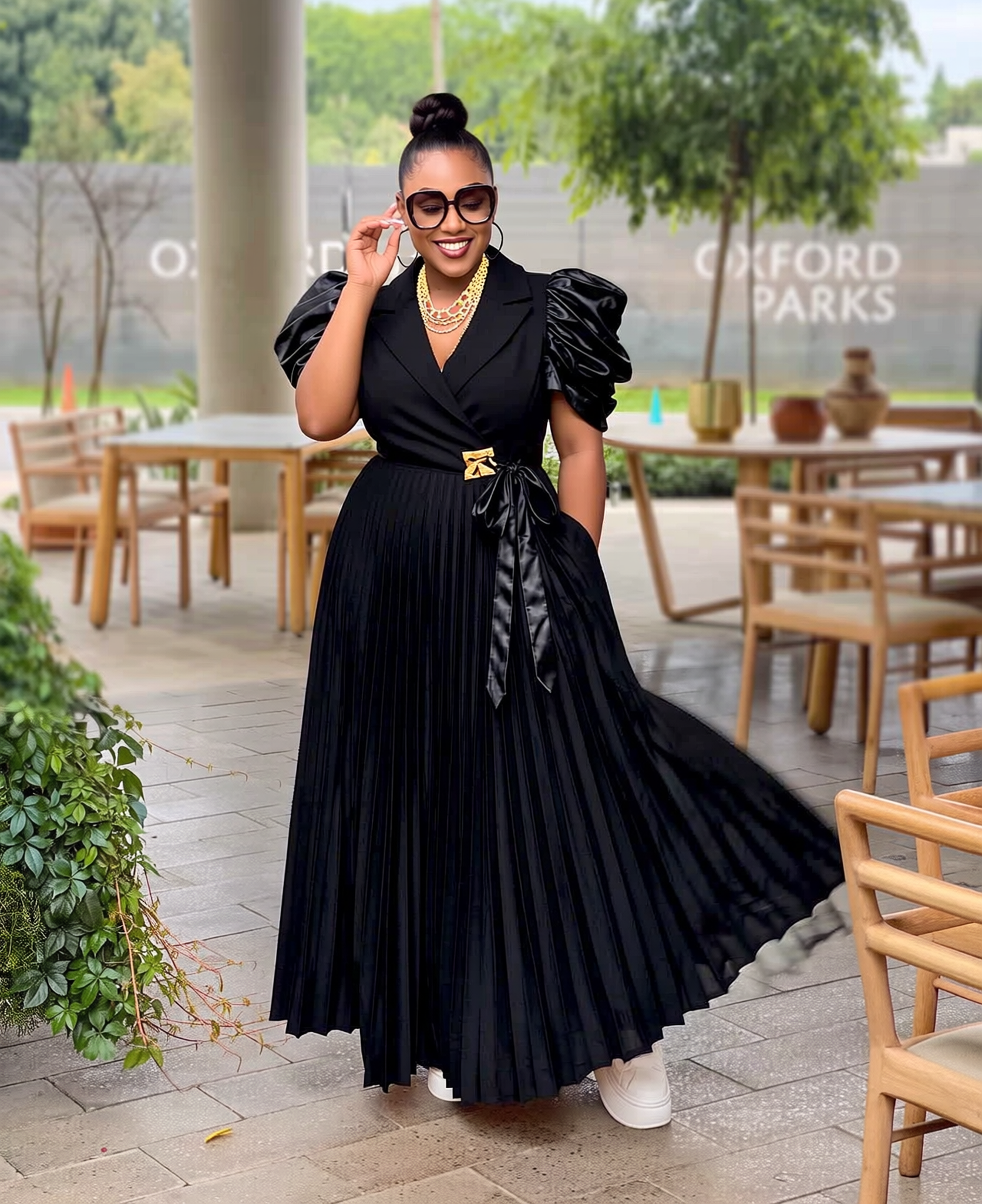 Black pleated puffed sleeve wrap maxi dress for women